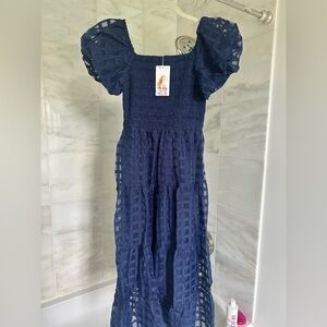 Navy puff sleeve midi dress